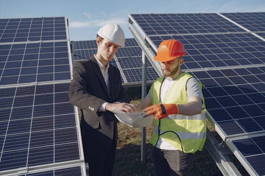 Two engineers inspecting solar panels at a renewable energy site under clear blue skies.