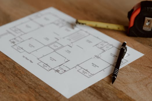A detailed architectural blueprint on a wooden desk with a tape measure and pen.