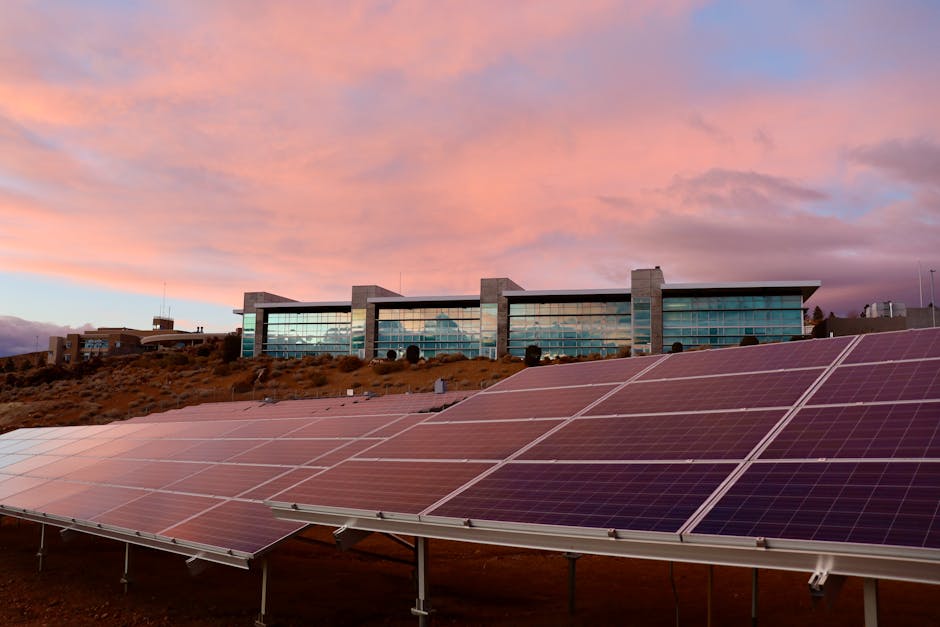 Solar panels in front of a modern building at sunset showcasing renewable energy technology.