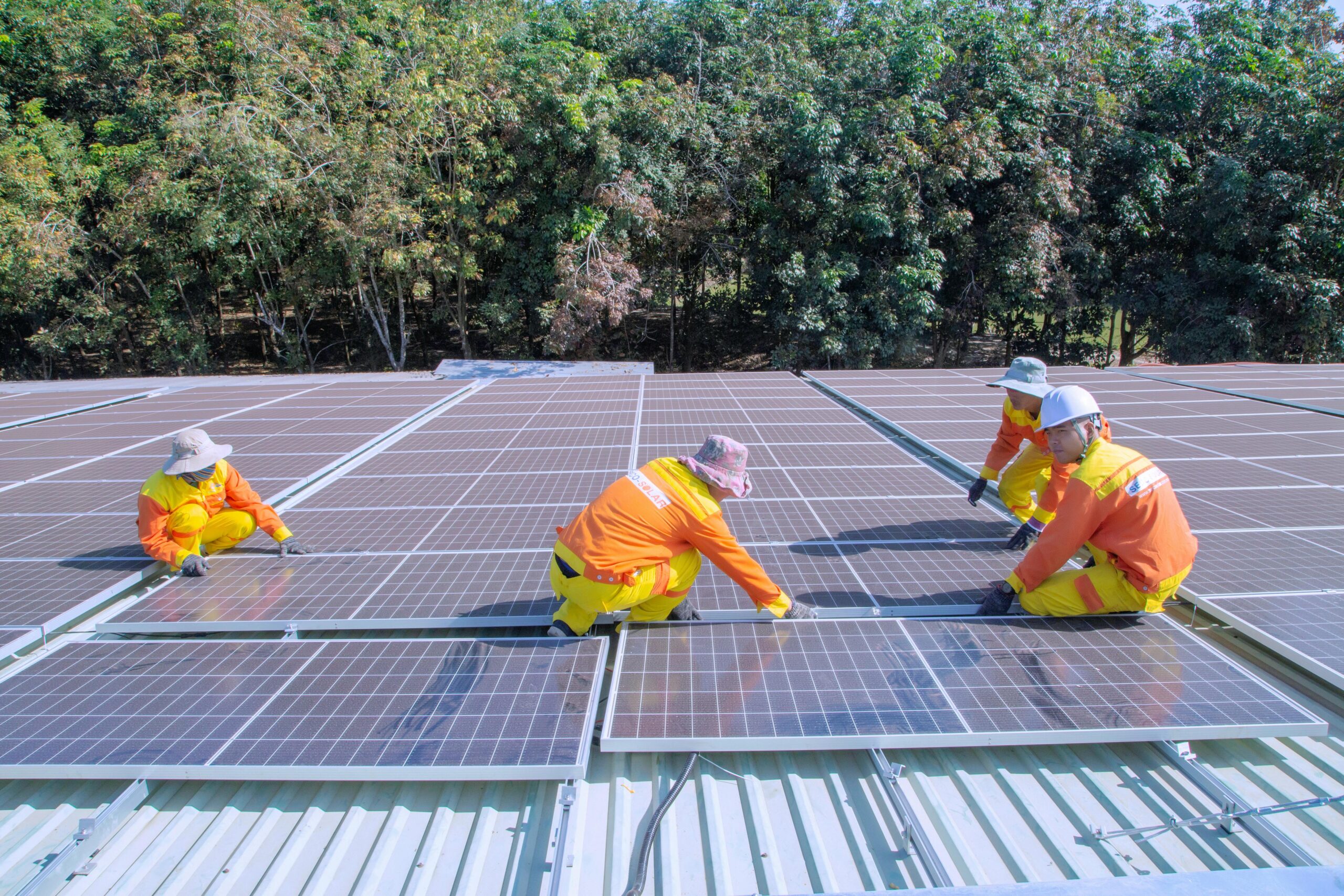 Team of workers installing solar panels on a sunny day, promoting renewable energy and sustainability.